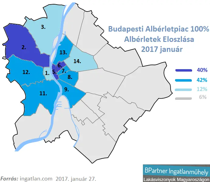 Budapesti albérletpiac 2017 - Budapesti albérletek eloszlása - Albérlet térkép